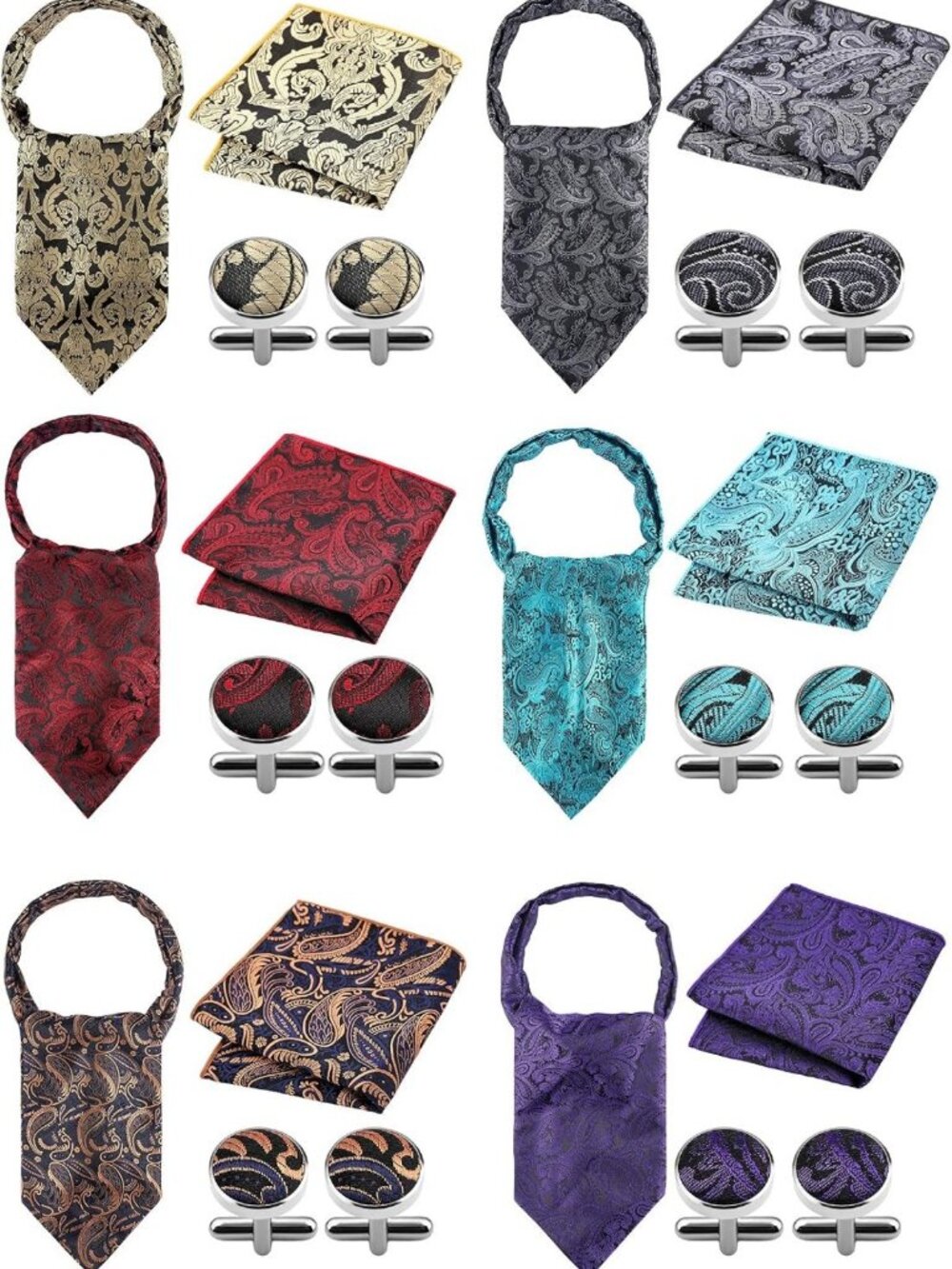 Elegant 6-Piece Silk Ascot Tie Set for Men with Paisley Design & Cufflinks